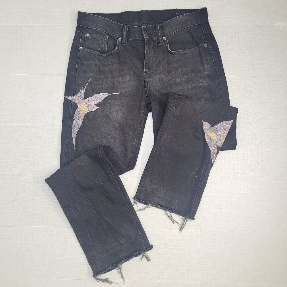 All Saints Bird Embroidered Black Cropped Jeans - Size 25 - Picture 8 of 11